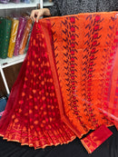 Maroon red jamdani saree with orange and red threads work