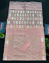 Blushing peach halfsilk jamdani saree with golden jori work and white threads work