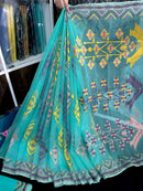 Turquoise blue exclusive halfsilk jamdani saree with yellow pink purple golden threads work