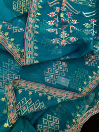 Sea green jamdani saree with golden silver & copper jori work soft count.