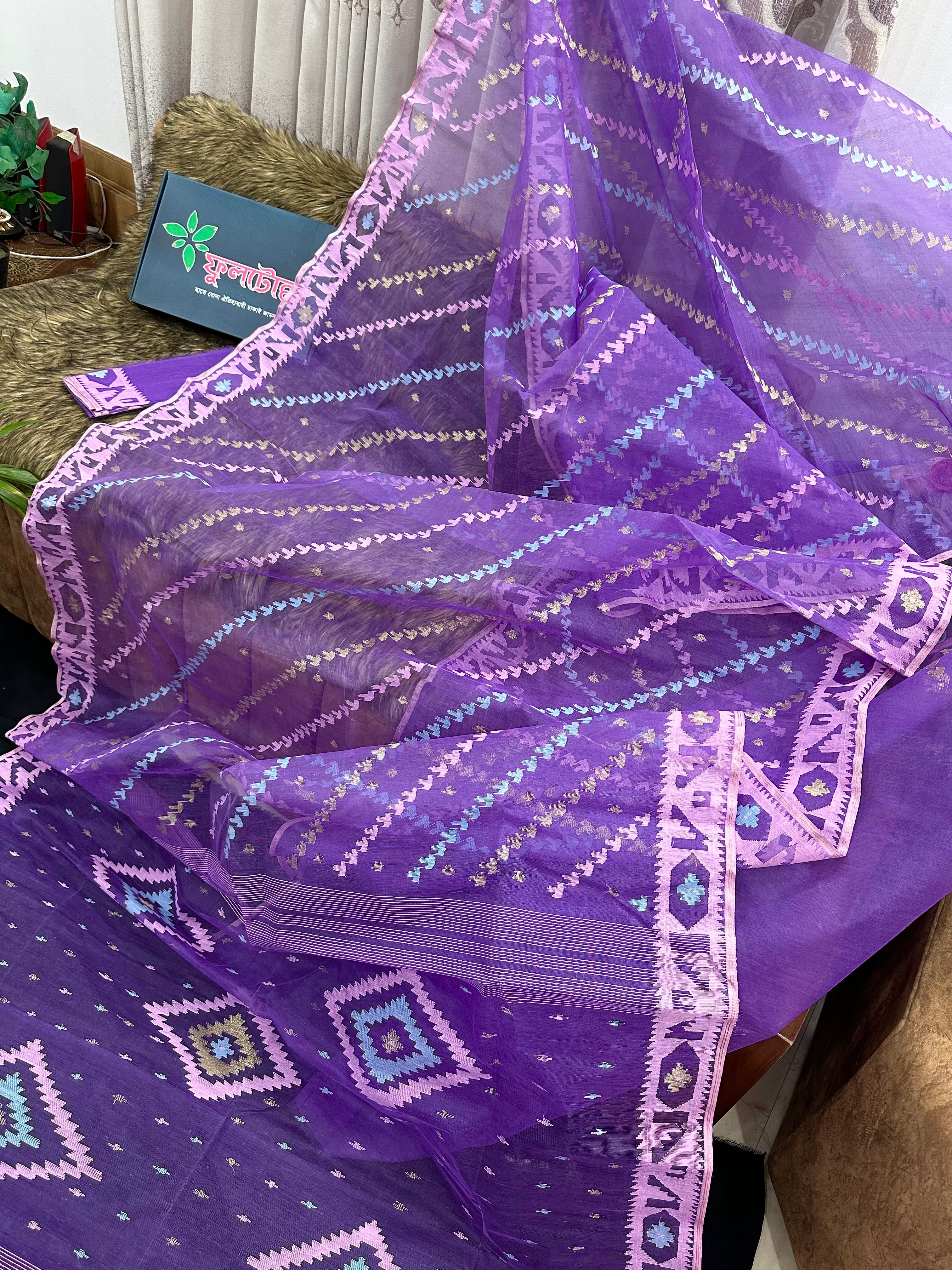 lavender Colour Handloom Jamdani Saree With Blouse Piece.