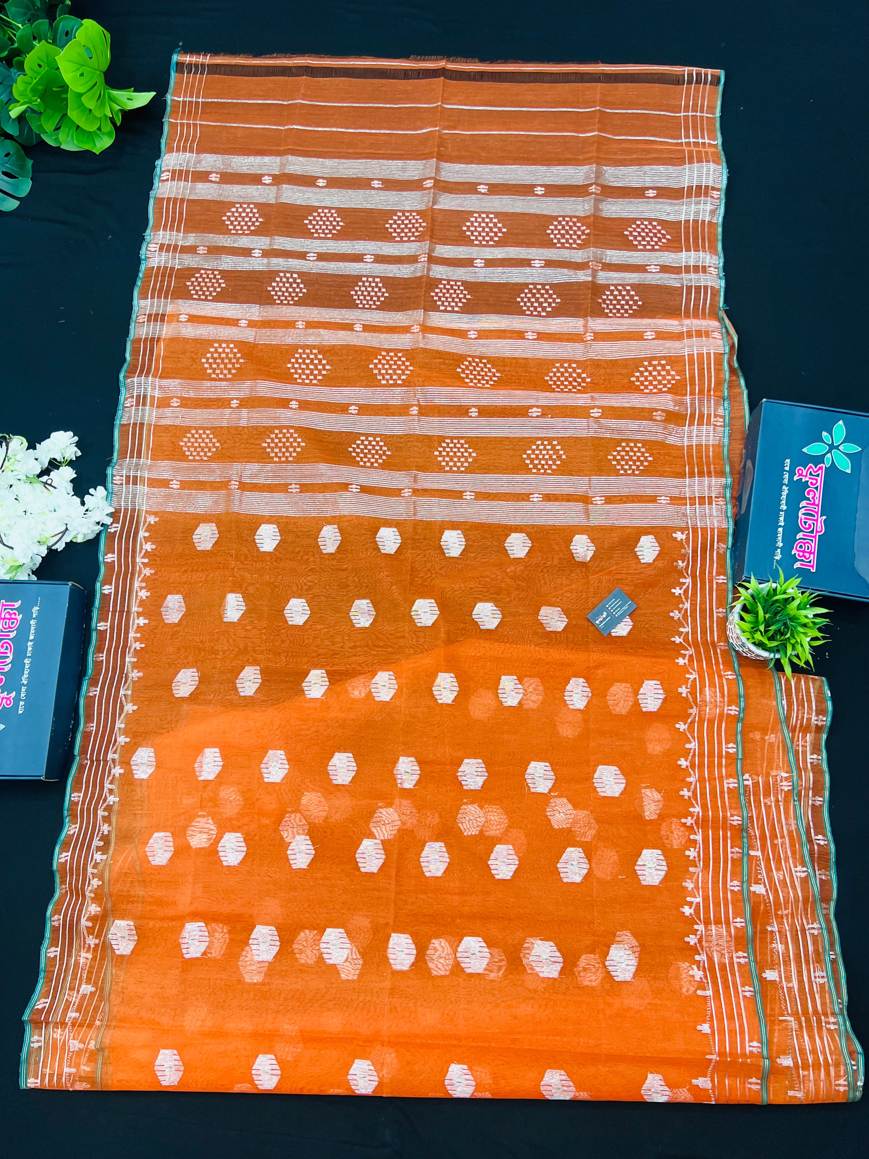 Orange Original Handloom Halfsilk Dhakai Jamdani Saree