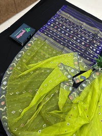 Olive halfsilk jamdani saree with golden silver & copper jori work and blue contrast paar