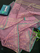 Onion colour jamdani saree with pink meena and green border.