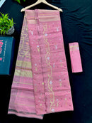 Nion pink halfsilk jamdani saree with golden silver jori work and pink threads work