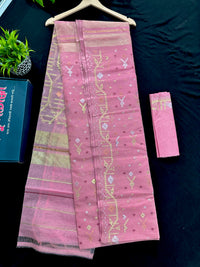 Nion pink halfsilk jamdani saree with golden silver jori work and pink threads work