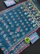 Blue Colour Original Handloom Halfsilk Dhakai Jamdani Saree With Golden Silver & Copper Jori Work