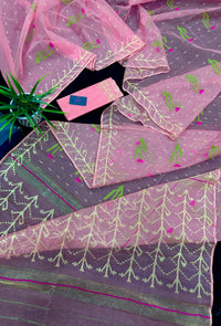 Rosy pink dhakai jamdani saree with golden jori work green thread work and pink flower soft count