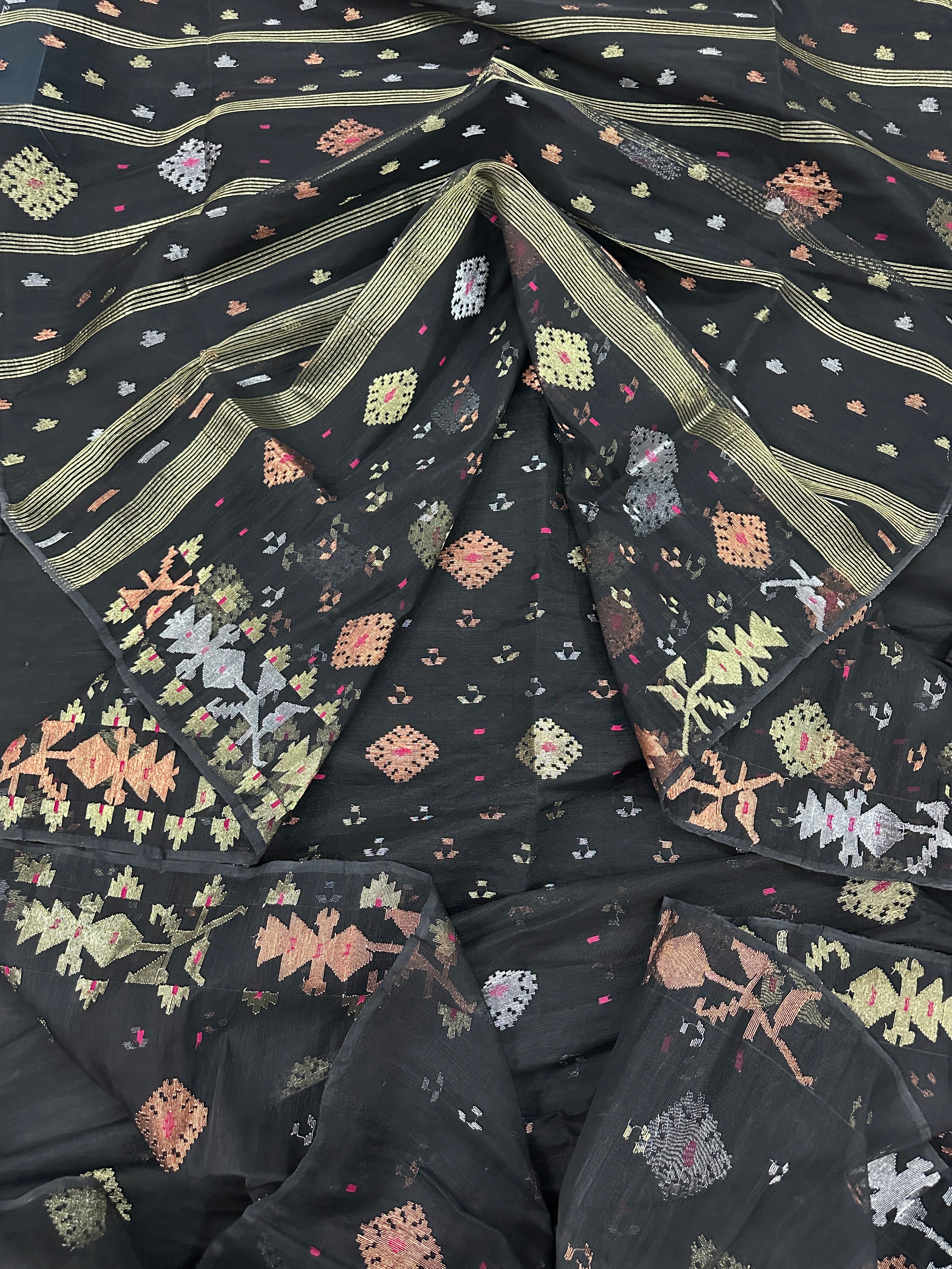Black Jamdani Saree With Golden Silver & Copper Jori Work
