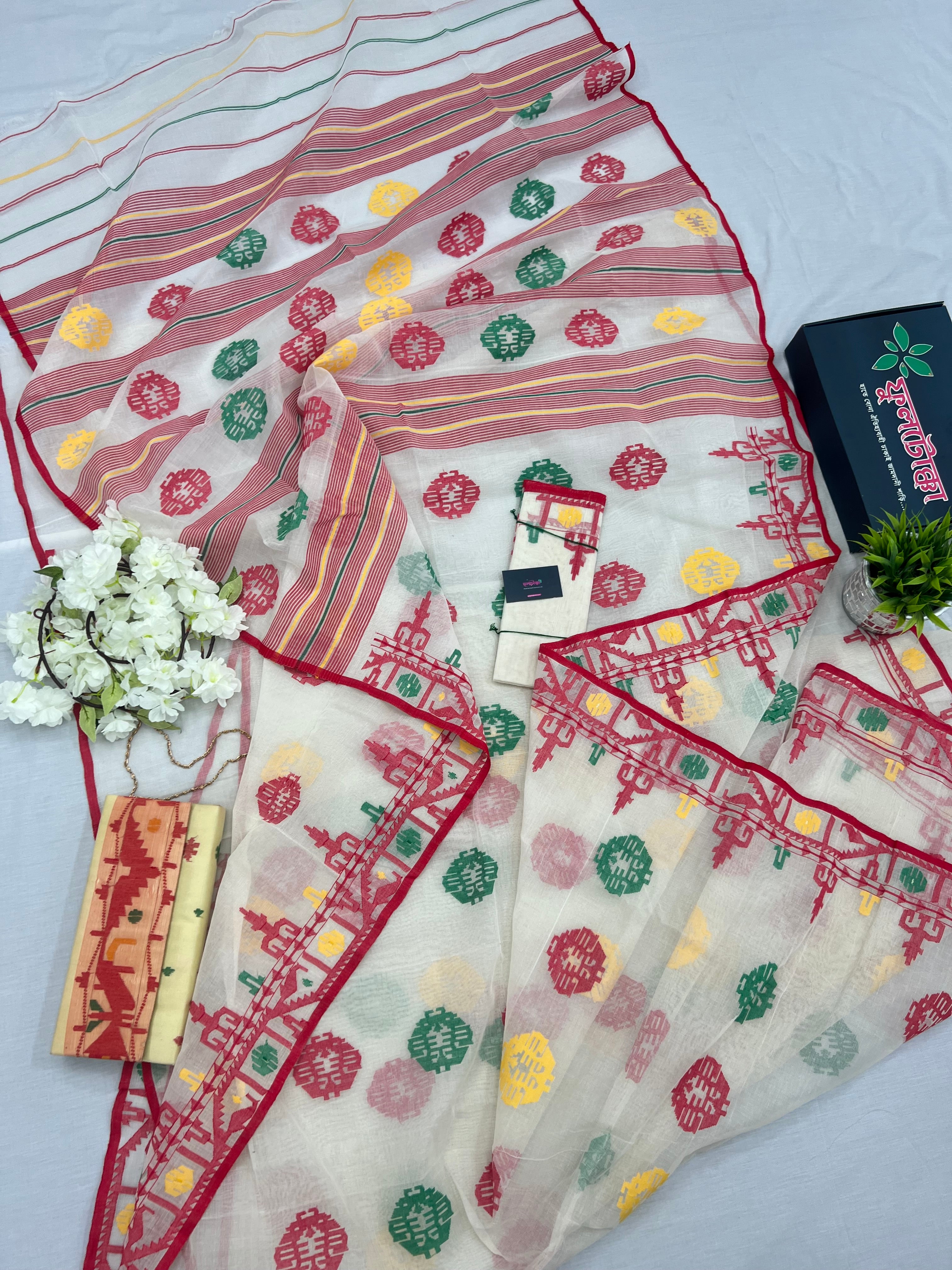 White multi cotton jamdani saree