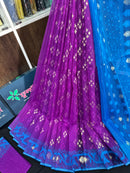 Purple halfsilk jamdani saree with golden jori work and contrast blue paar
