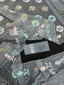 Ash jamdani saree with pink blue and with threads work and golden jori work.