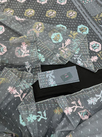 Ash jamdani saree with pink blue and with threads work and golden jori work.