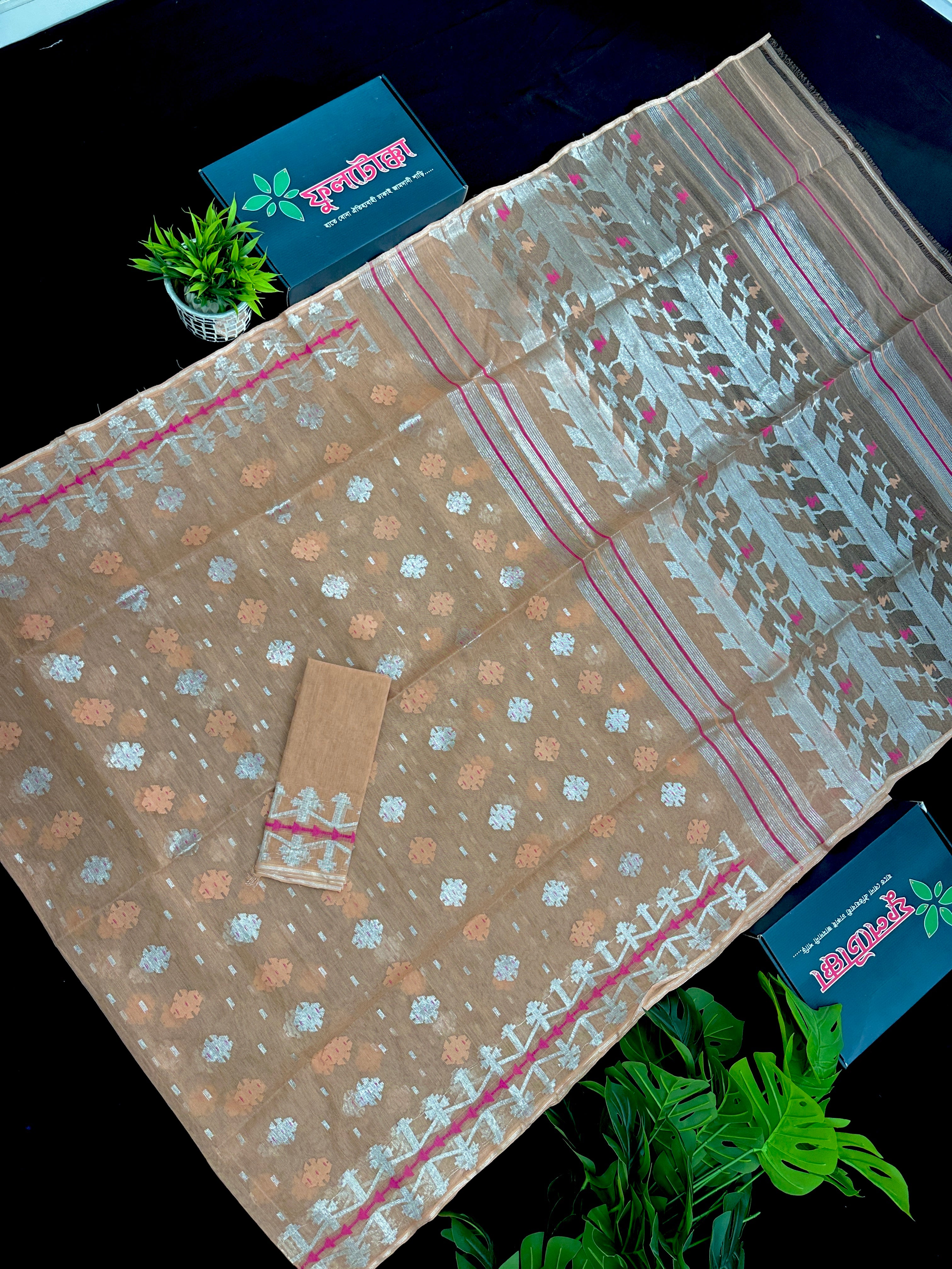 Peach halfsilk jamdani saree with silver jori work and pink peach threads work