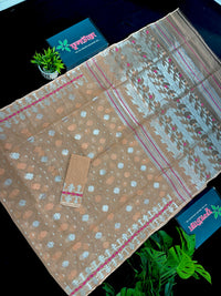 Peach halfsilk jamdani saree with silver jori work and pink peach threads work