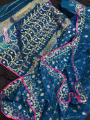 Peacock blue jamdani saree with golden silver copper jori work and pink border