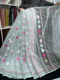 Light Blue Original Handloom Halfsilk Dhakai Jamdani Saree With Pink Blue Off White Threads Work
