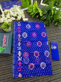 Royal blue halfsilk jamdani sari with golden silver copper pink jori work