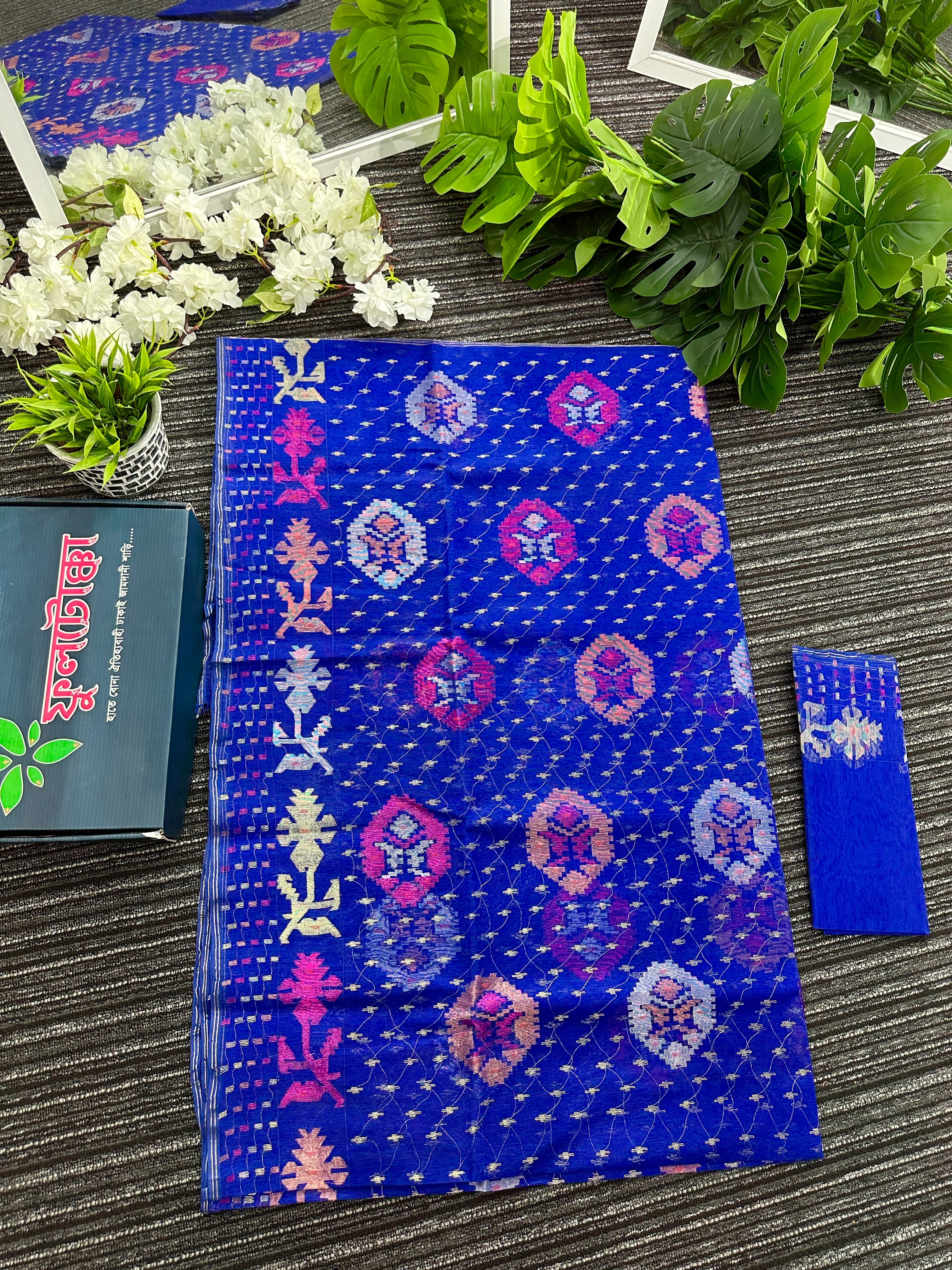 Royal blue halfsilk jamdani sari with golden silver copper pink jori work