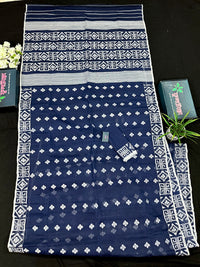 Deep blue jandani saree with white threads all over work.