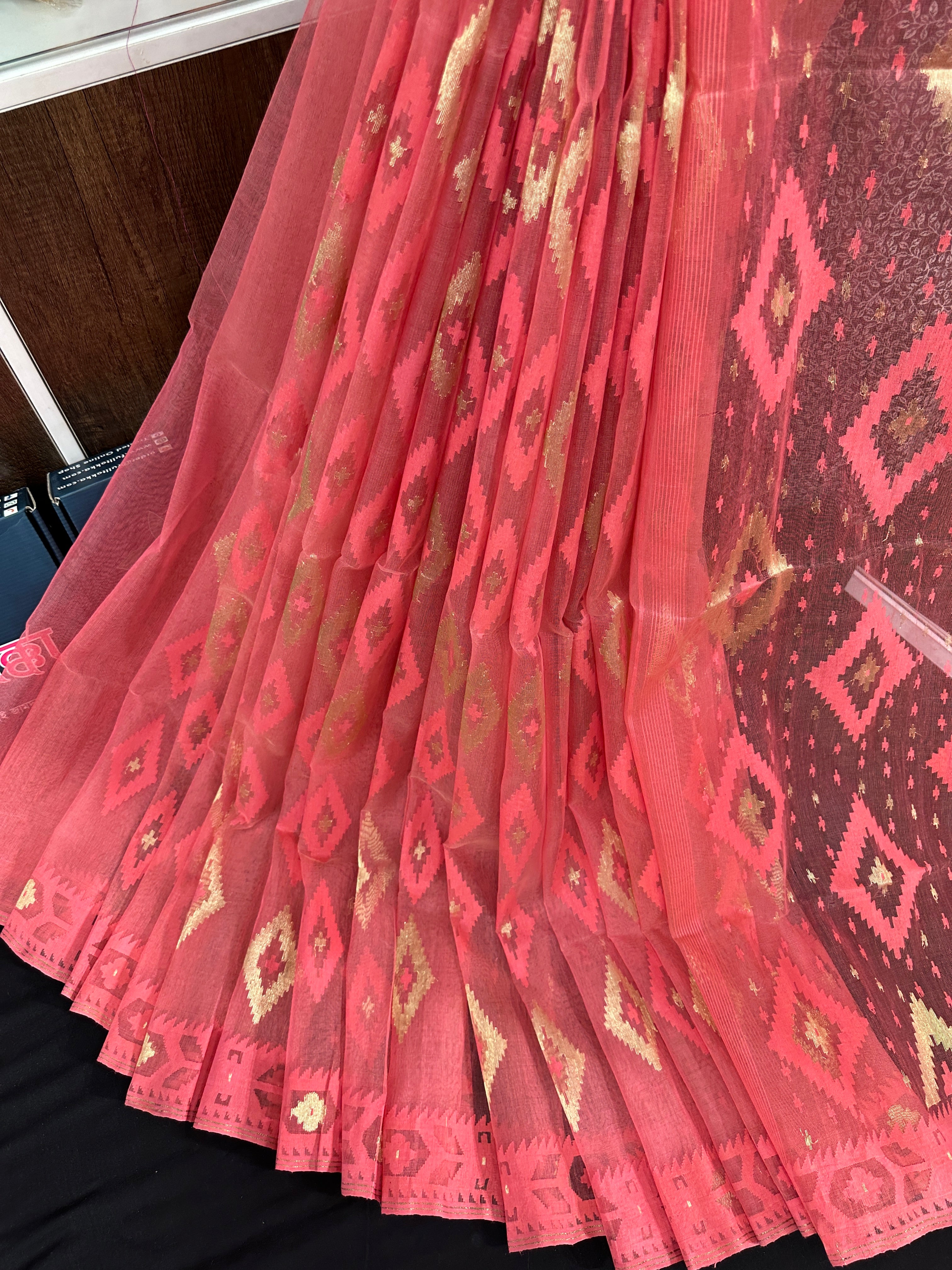 Georgia peach halfsilk jamdani saree with self threads work and golden jori work