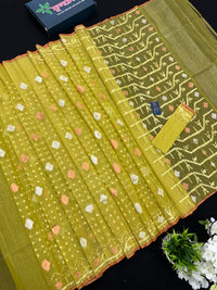Yellowish Olive Original Handloom Halfsilk Dhakai Jamdani Saree With Golden Silver & Copper Jori Work