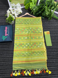 Olive green halfsilk jamdani saree with orange and olive threads work