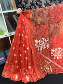 Brick colour halfsilk jamdani saree with self threads work and off white threads work