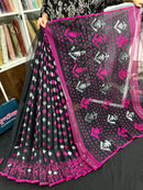 Black cotton jamdani saree with magenta threads work and silver jori work