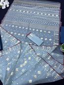 Powder Blue Original Handloom Hslfsilk Dhakai Jamdani With Golden Jori Work
