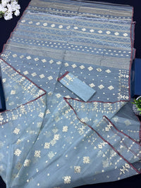 Powder Blue Original Handloom Hslfsilk Dhakai Jamdani With Golden Jori Work