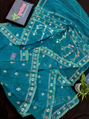 Sea green budget range jamdani saree with golden silver & copper jori work.