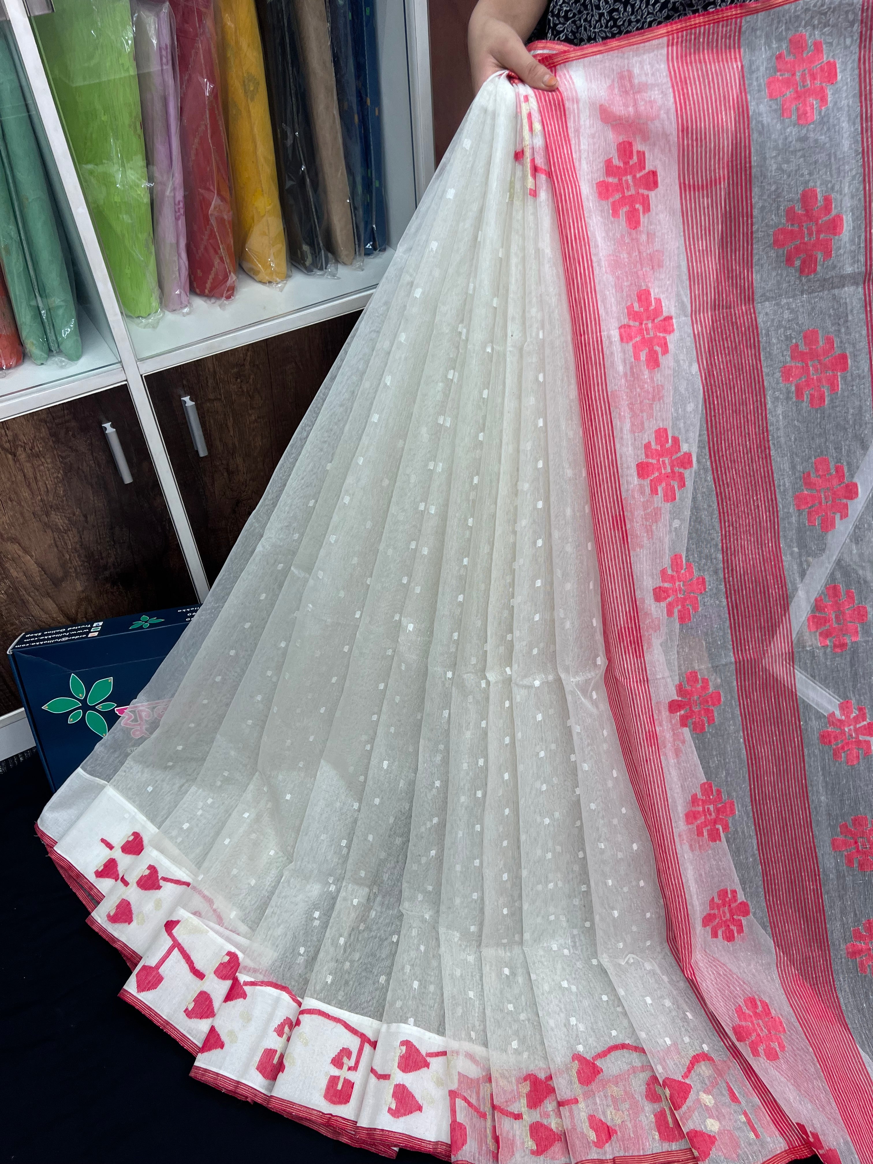 White & Red Original Handloom Cotton Dhakai Jamdani