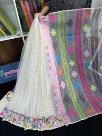 White cotton jamdani saree with pink blue orange magenta yellow multiple colour threads work