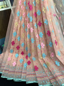 Peach colour halfsilk jamdani saree with blue pink golden magenta threads work