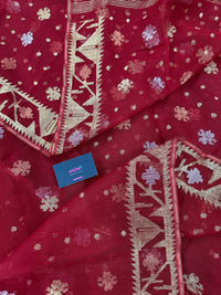 Red jamdani saree with golden jori all over work with blouse piece.