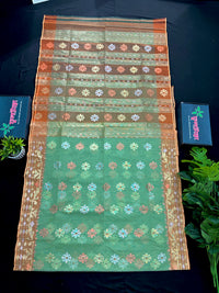 Pastel green halfsilk jamdani saree with golden brown contrast and golden silver copper jori work