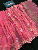 Peach pink jamdani saree with golden silver & copper jori work.