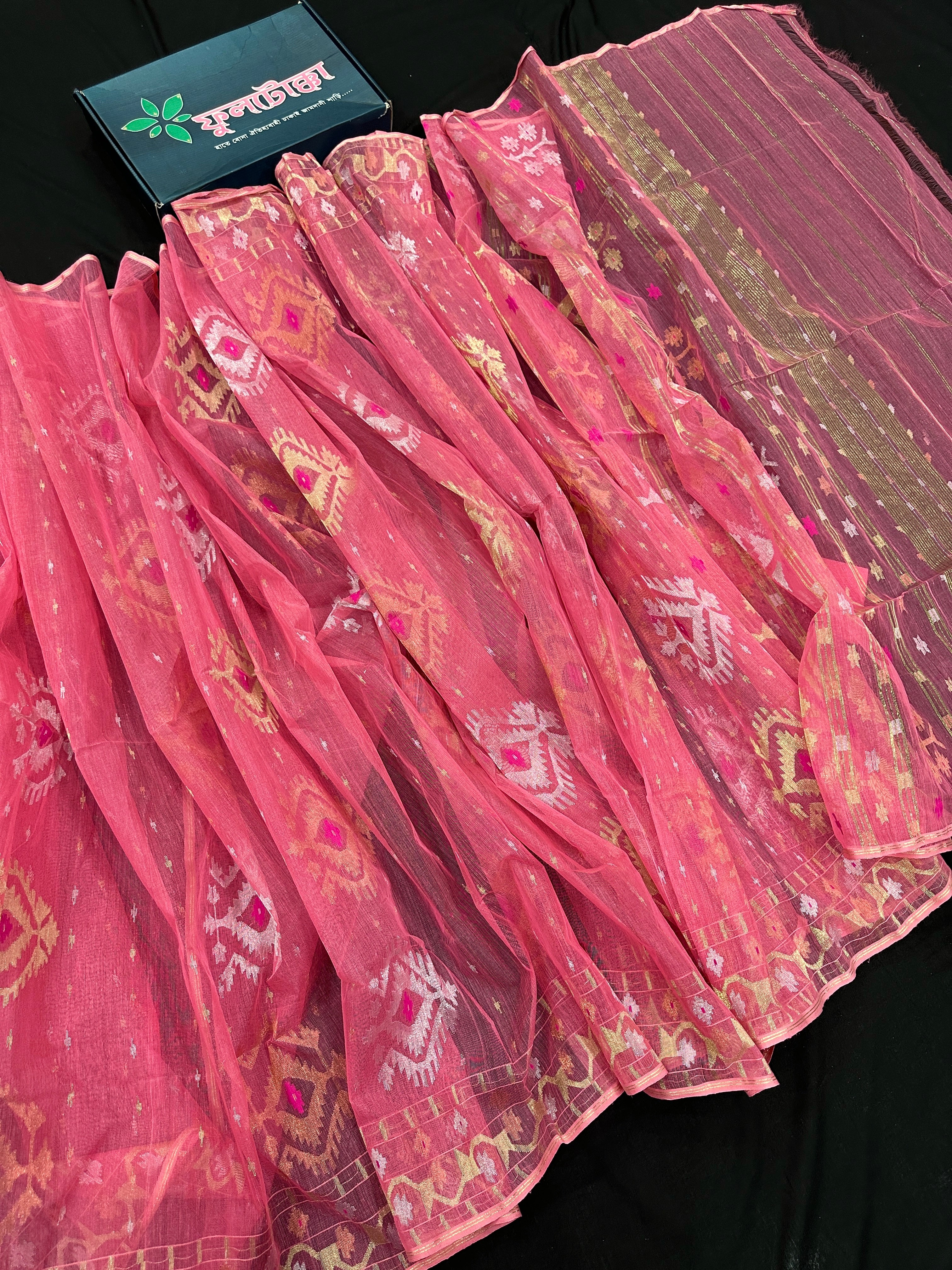 Peach pink jamdani saree with golden silver & copper jori work.