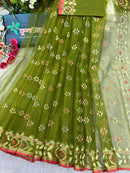 Olive green halfsilk handloom jamdani saree with golden silver & copper jori work