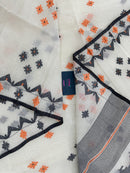 White cotton jamdani saree with orange & black threads work.