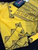 Yellow cotton jamdani sari with simple paar.