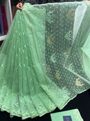 Mint Colour Original Handloom Halfsilk Dhakai Jamdani Saree With Golden Jori Work