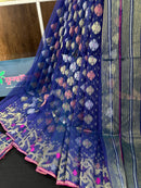 Blue halfsilk jamdani saree with golden silver & copper jori work