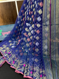 Blue halfsilk jamdani saree with golden silver & copper jori work