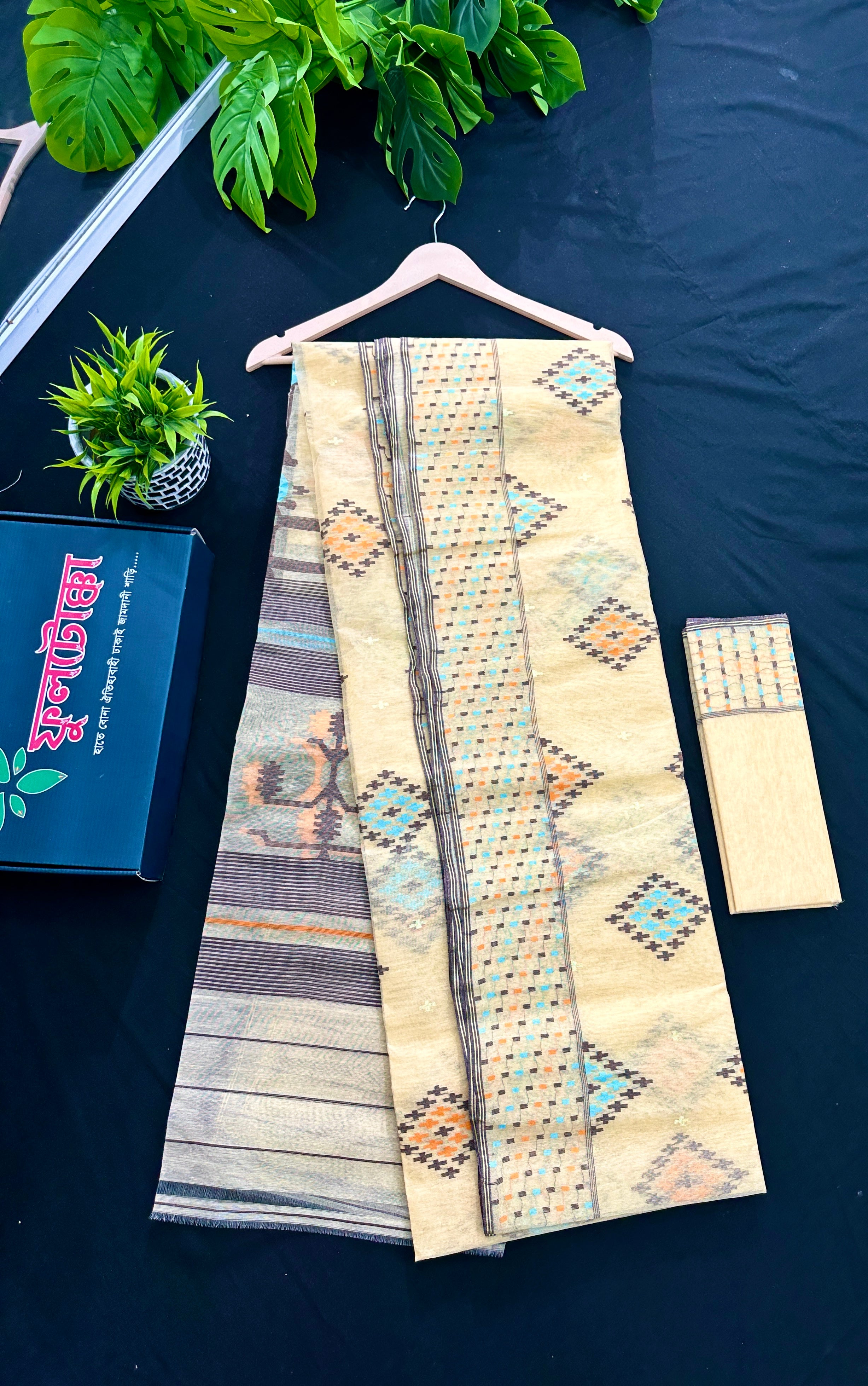 Beige Golden halfsilk jamdani saree with black orange blue threads work