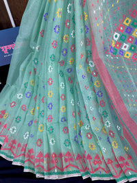 Mint cotton jamdani saree with yellow blue purple red white floral work.