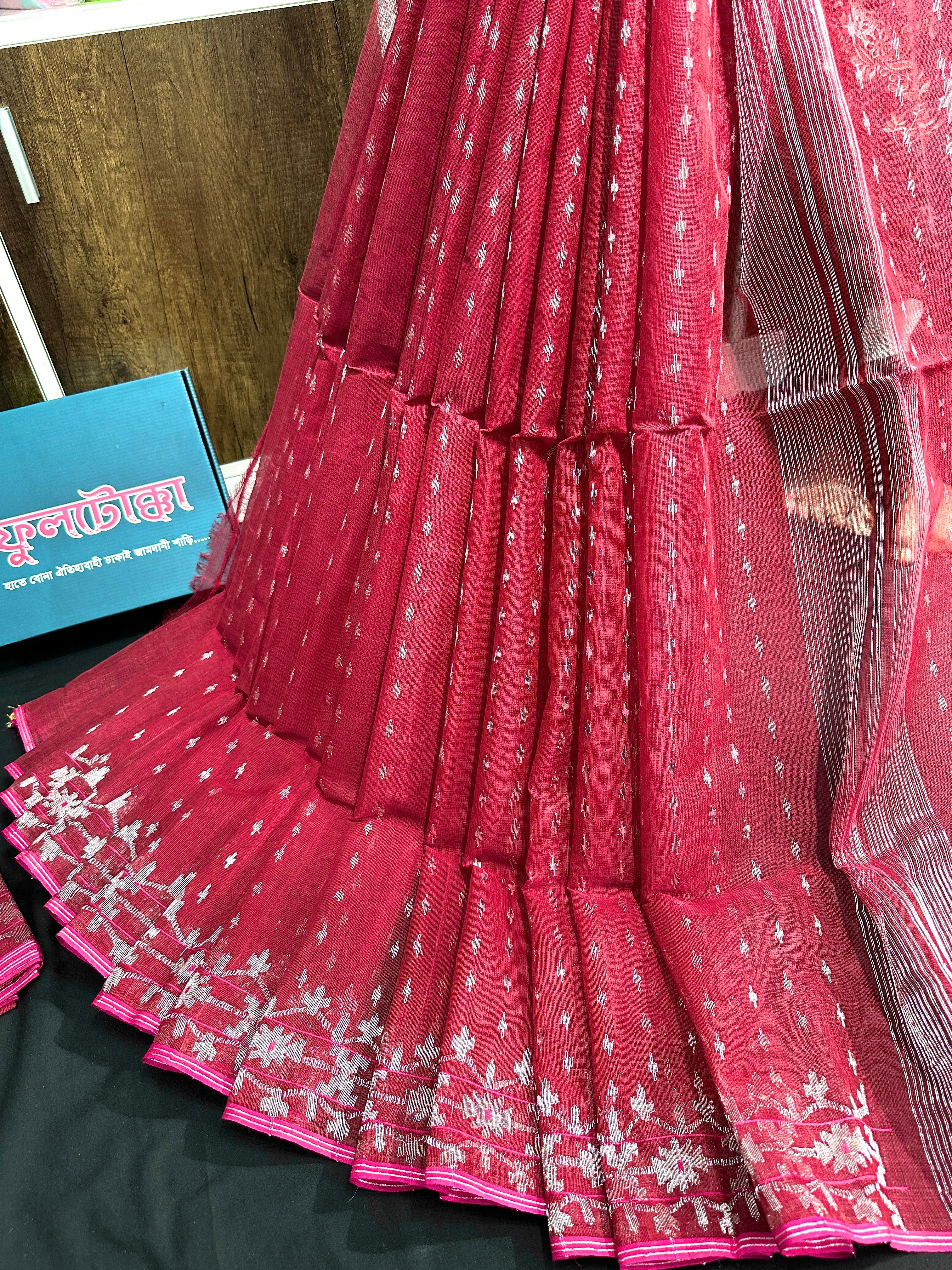Maroon cotton jamdani saree with silver jori work
