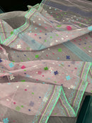 Baby pink jamdani saree with blue pink green threats work and blouse piece.