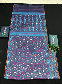 Purplish Blue dual toned jamdani saree with white pink blue threads work & blouse piece.